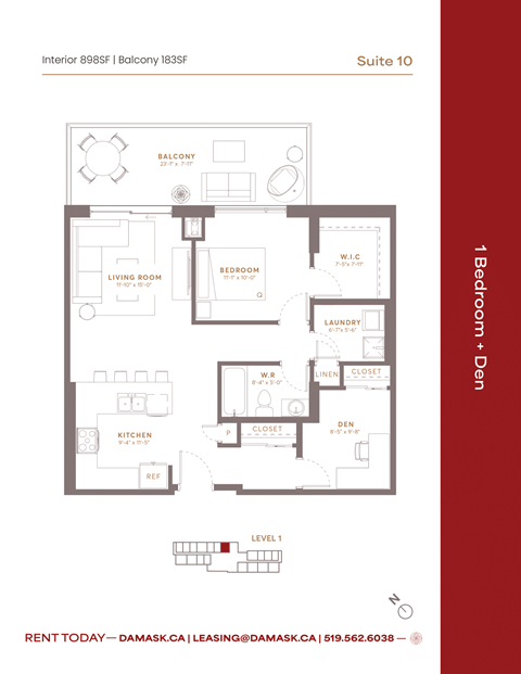 Floor plan for 1 bed, 1 bath, 898 sqft